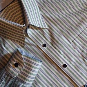J Hilburn Men's Designer Custom Non Iron Dress Shirt 17 34-35 Blue &Green Stripe